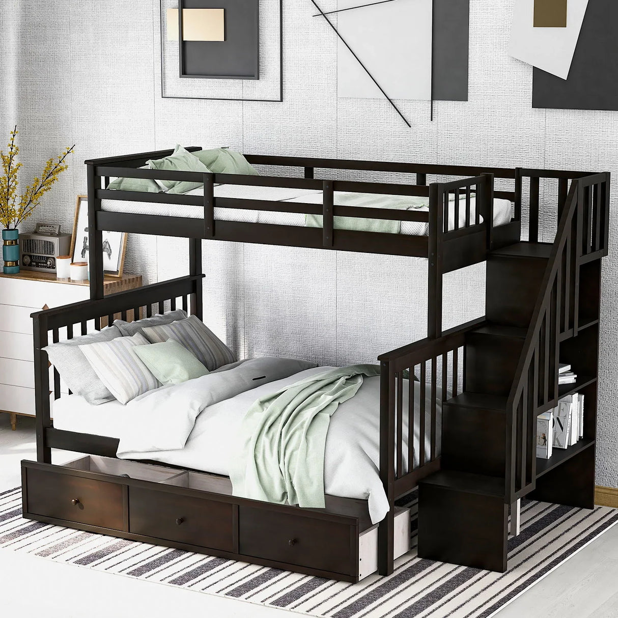 Stairway Bunk Bed With Storage And Guard Rail For Bedroom - Furniture Home Direct