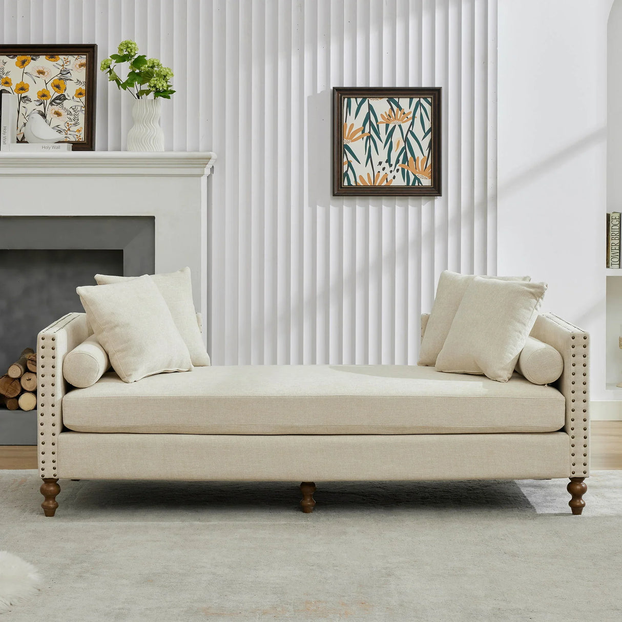 Upholstered Chaise Lounge Indoor With Nailheads, Sleeper Sofa Couch With 4 Throw Pillows & 2 Bolsters, Daybed With Rubberwood Legs - Furniture Home Direct