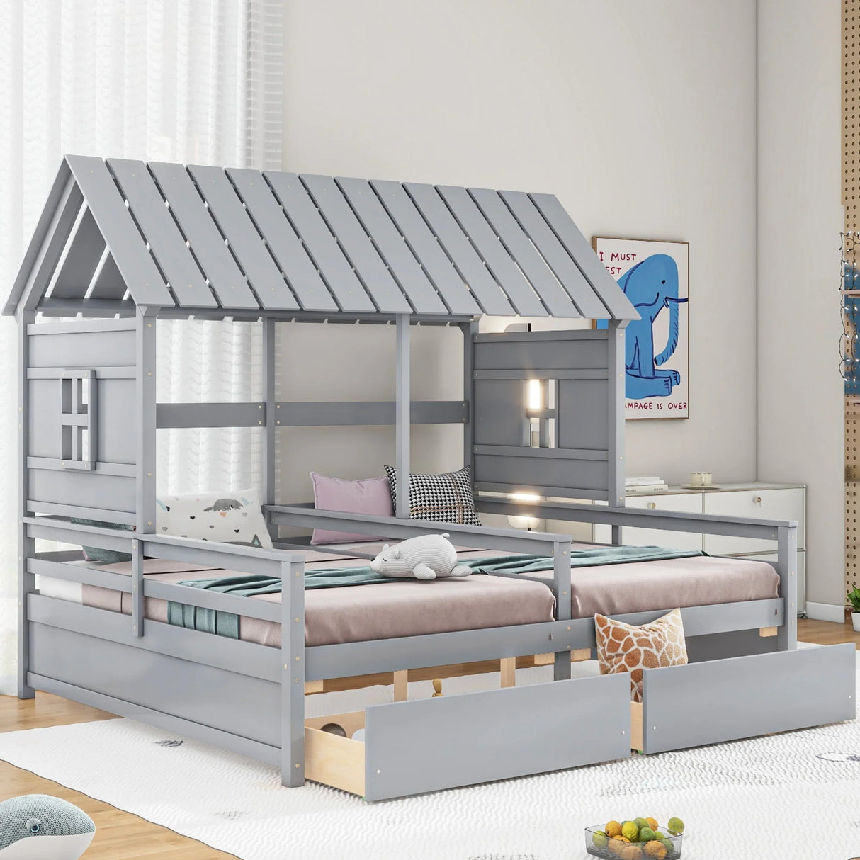 Twin Size House Platform Beds With 2 Drawers For Shared Use - Gray - Furniture Home Direct