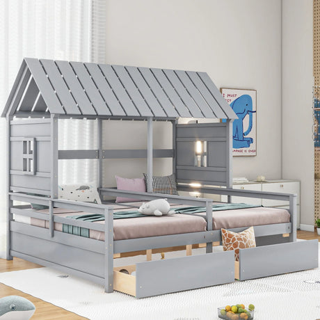 Twin Size House Platform Beds With 2 Drawers For Shared Use - Gray - Furniture Home Direct
