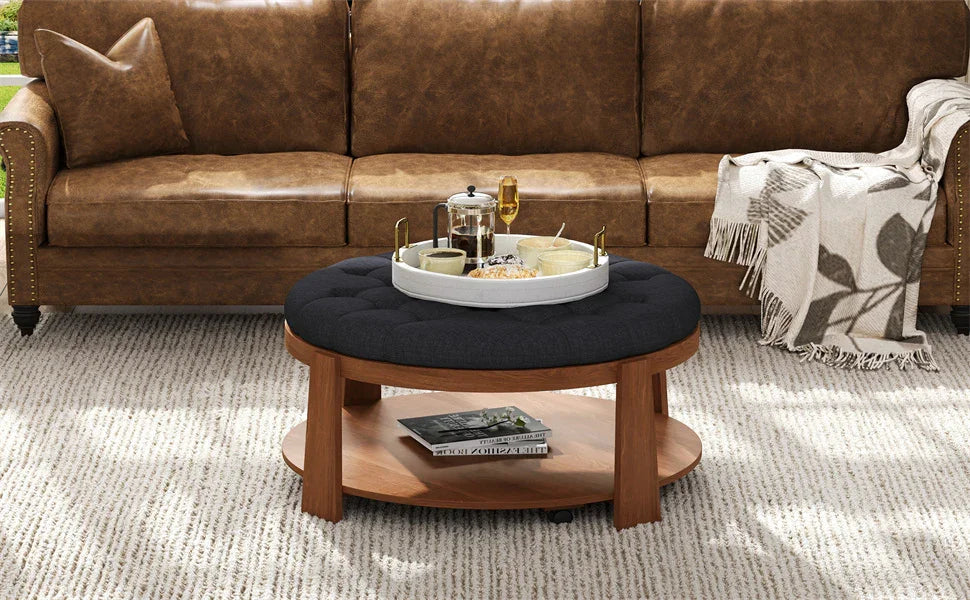 Round Ottoman Coffee Table Oversized Tufted Wood Base Black - Furniture Home Direct