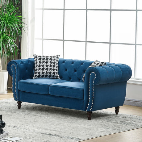 Chesterfield Velvet Roll Arm Sofa, 2-Seater Blue Nailhead