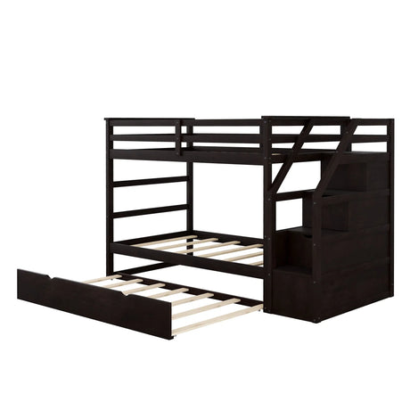 Twin Over Twin Bunk Bed With Twin Size Trundle And 3 Storage Stairs - Espresso - Furniture Home Direct