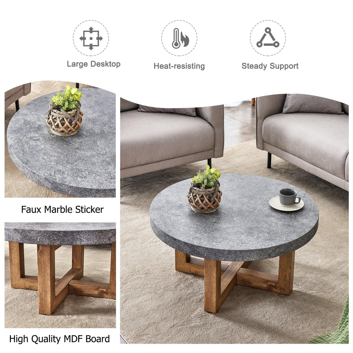Coffee Table Round Stone Finish Wood Base Contemporary Gray - Furniture Home Direct