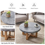 Coffee Table Round Stone Finish Wood Base Contemporary Gray - Furniture Home Direct