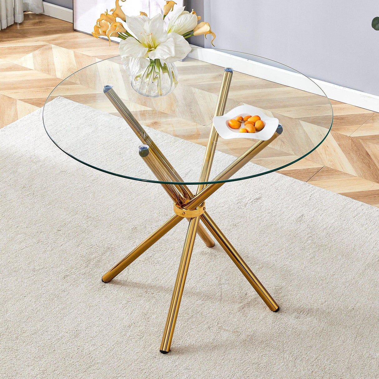Dining Table Round Glass Top With Gleaming Golden Base Gold - Furniture Home Direct