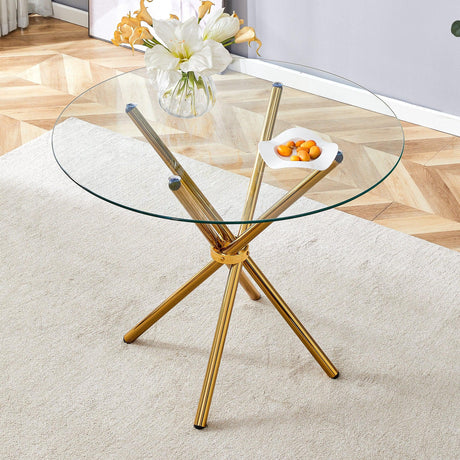 Dining Table Round Glass Top With Gleaming Golden Base Gold - Furniture Home Direct