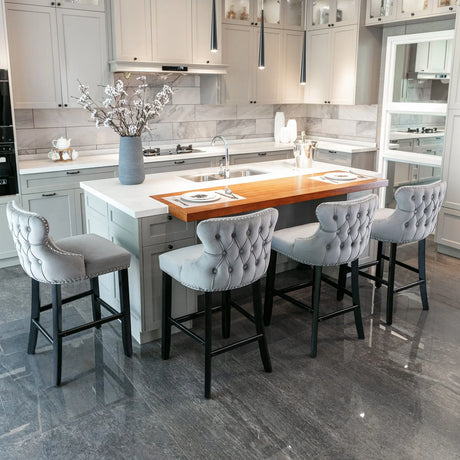 Contemporary Velvet Upholstered Wing-Back Barstools With Button Tufted Decoration And Wooden Legs, And Chrome Nailhead Trim, Leisure Style Bar Chairs, Bar Stools (Set of 4) - Furniture Home Direct