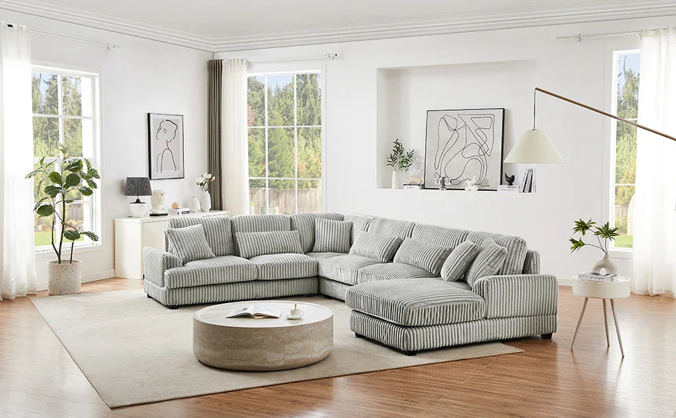 Sectional Sofa Oversized U Shaped Corduroy Fabric Gray - Furniture Home Direct