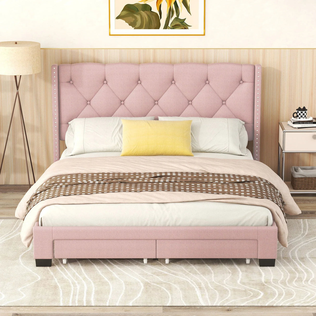 Queen Size Storage Bed Linen Upholstered Platform Bed & Two Drawers - Pink - Furniture Home Direct