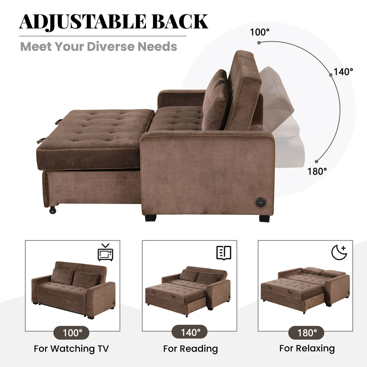 66.5" Upholstered Loveseat With Pull Out Bed, Two Throw Pillows, Dual USB Charging Port and Adjustable Backrest - Brown - Furniture Home Direct