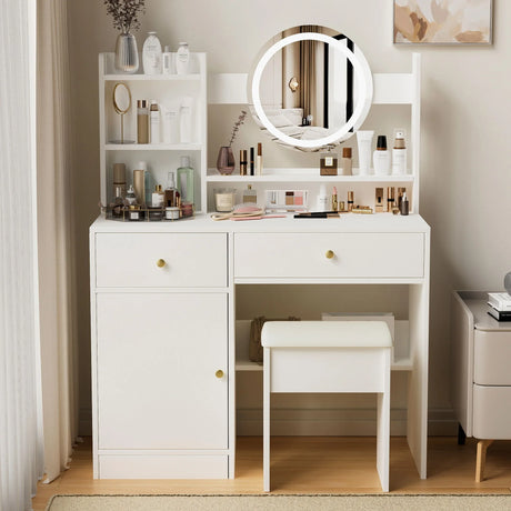 Fashion Vanity Desk With Mirror And Lights For Makeup And Cushioned Chair - White - Furniture Home Direct