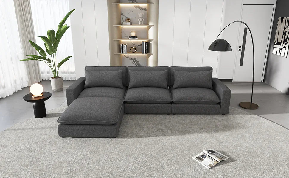 Chenille Cloud Sectional with Ottoman, Charging Ports and Three Back Pillows - Grey - Furniture Home Direct