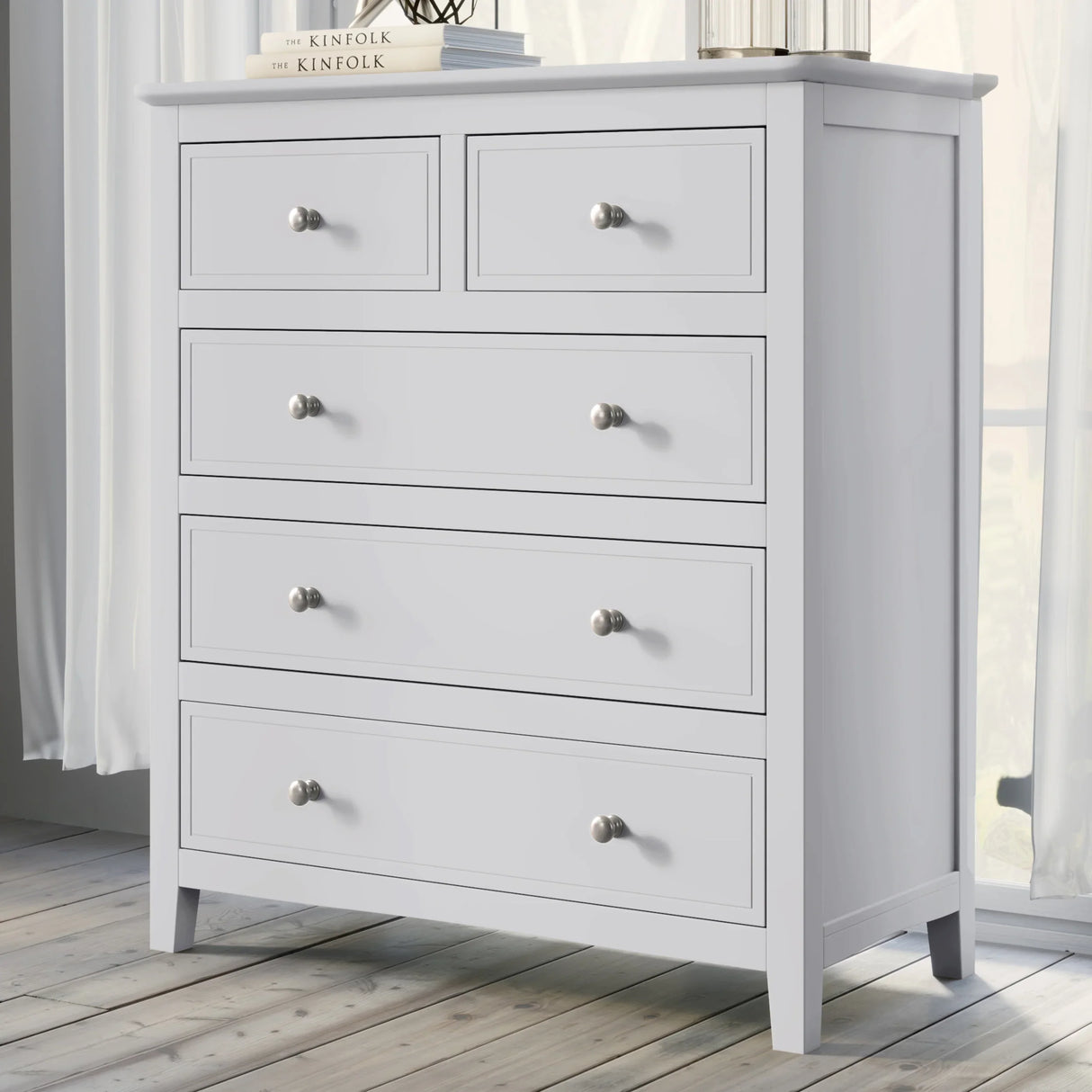 White Solid Wood 5 Piece Queen Bedroom Set(bed, 2 nightstands,chest,dresser) - Furniture Home Direct