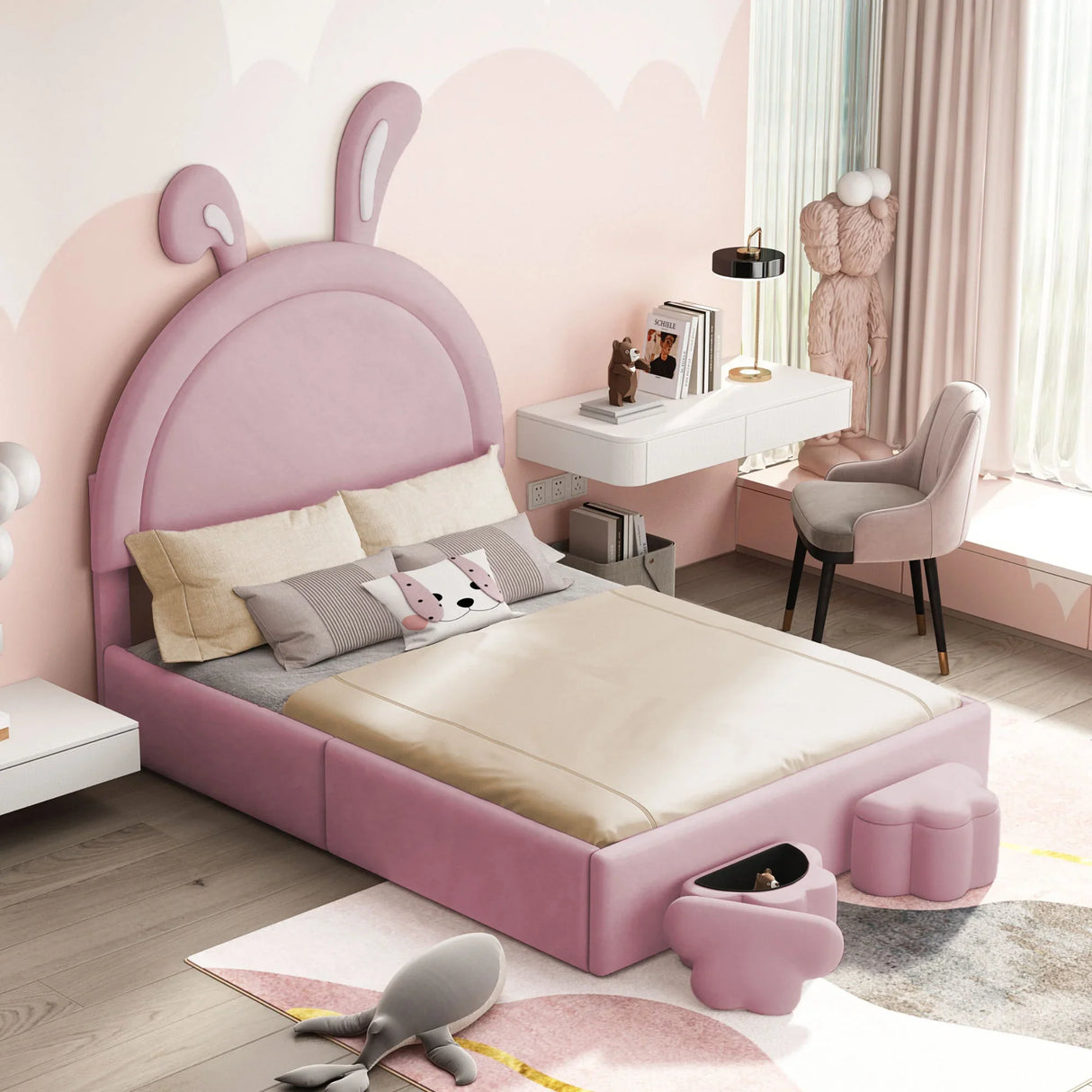 Rabbit Shaped Bed With Storage Stools Upholstered Pink - Furniture Home Direct