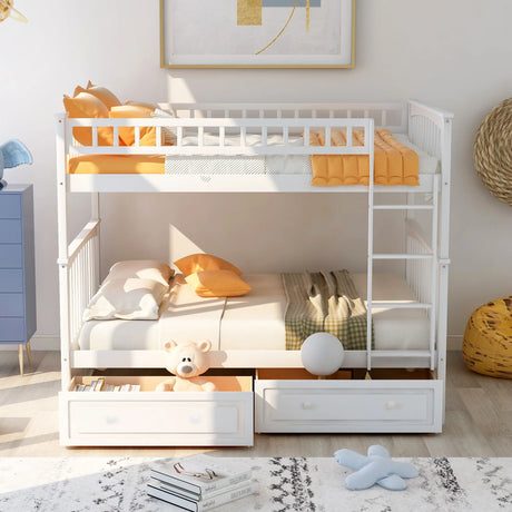 Full Over Full Bunk Bed With Drawers, Convertible Beds - White - Furniture Home Direct