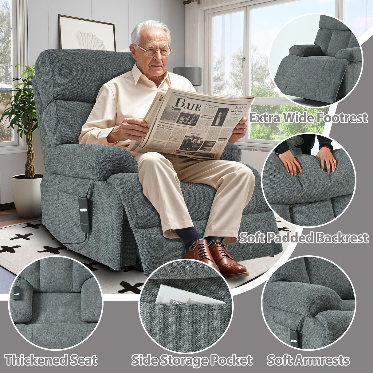 Oversized Power Lift Recliner Chai With Remote Control, Side Pocket, Spacious Seat - Furniture Home Direct