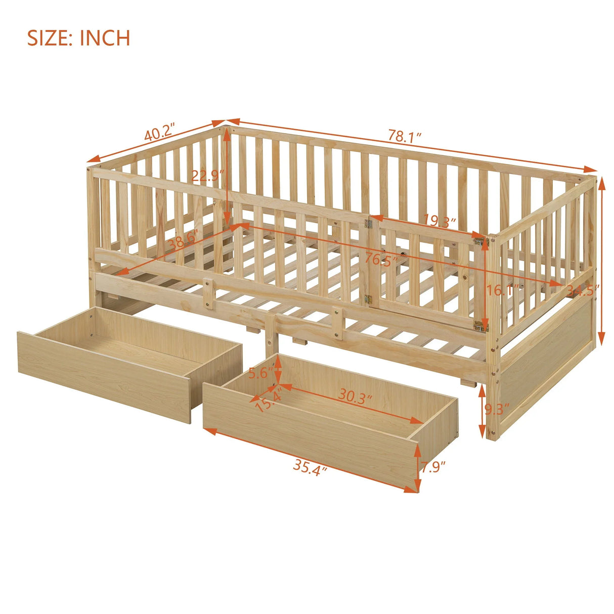 Daybed With Fence Guardrails And 2 Drawers, Split Into Independent Floor Bed & Daybed - Furniture Home Direct