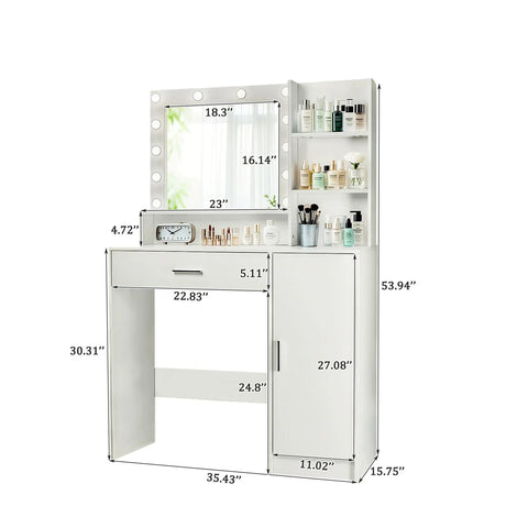 Vanity Desk With Mirror And Adjustable LED Lights, 3 Lighting Modes, Drawer And Storage Cabinet - White - Furniture Home Direct