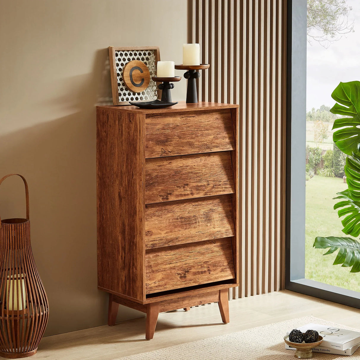Vintage Style 4 Drawer Double Dresser With Bevel Design - Brown - Furniture Home Direct