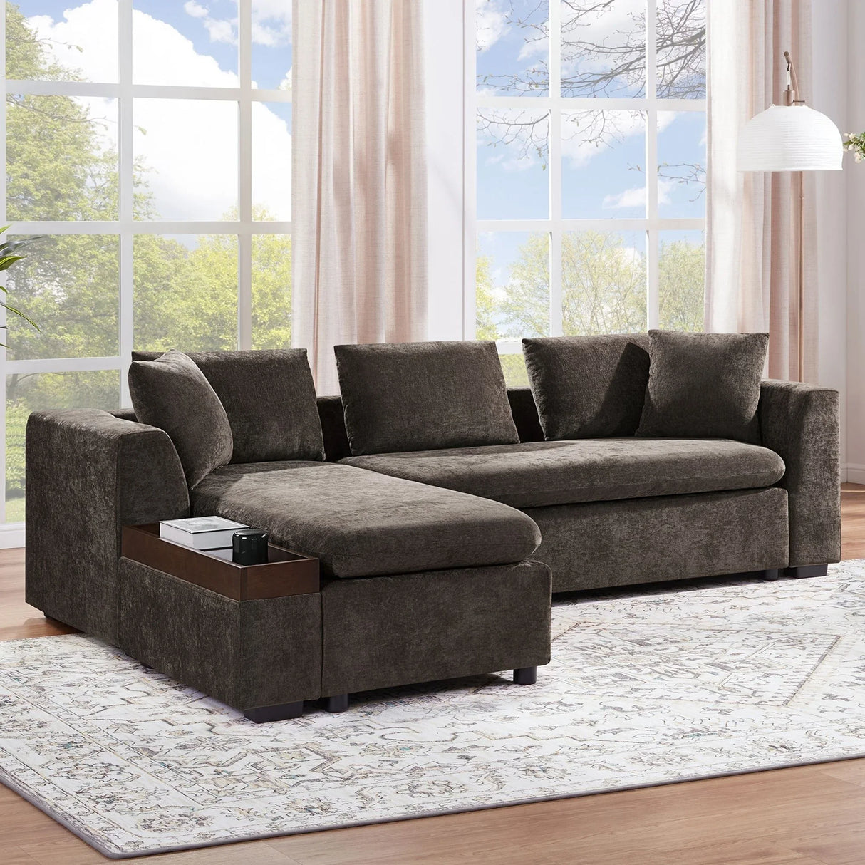Modern L Shaped Sectional Sofa With Chenille Upholstery And Wooden Storage - Furniture Home Direct