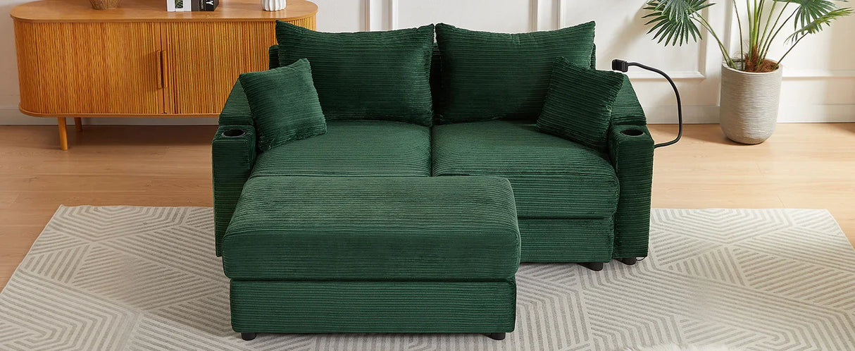 Sofa and Ottoman With Storage, Two USB Ports, Two Cup Holders and Phone Holder - Green - Furniture Home Direct