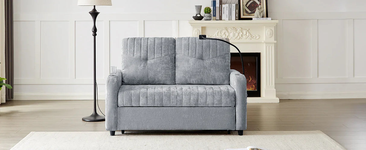 Sleeper Sofa With Adjustable Backrest, Two Cup Holders, Phone Holder, Three Charging Ports And Side Storage Pockets - Gray - Furniture Home Direct