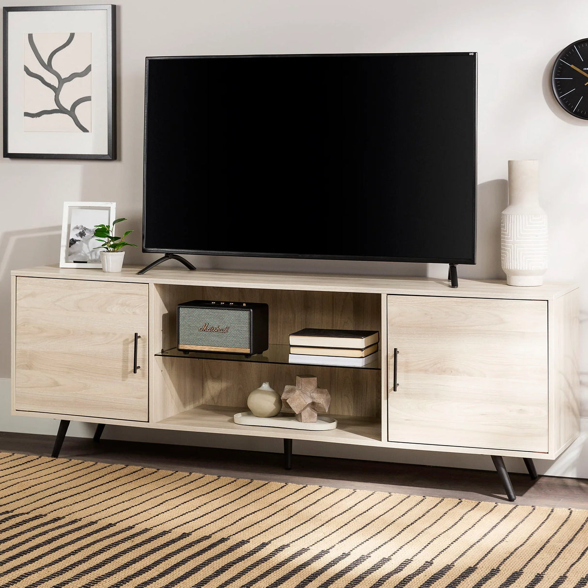 Mid-Century Modern 2 Door TV Stand With Glass Shelf - Furniture Home Direct
