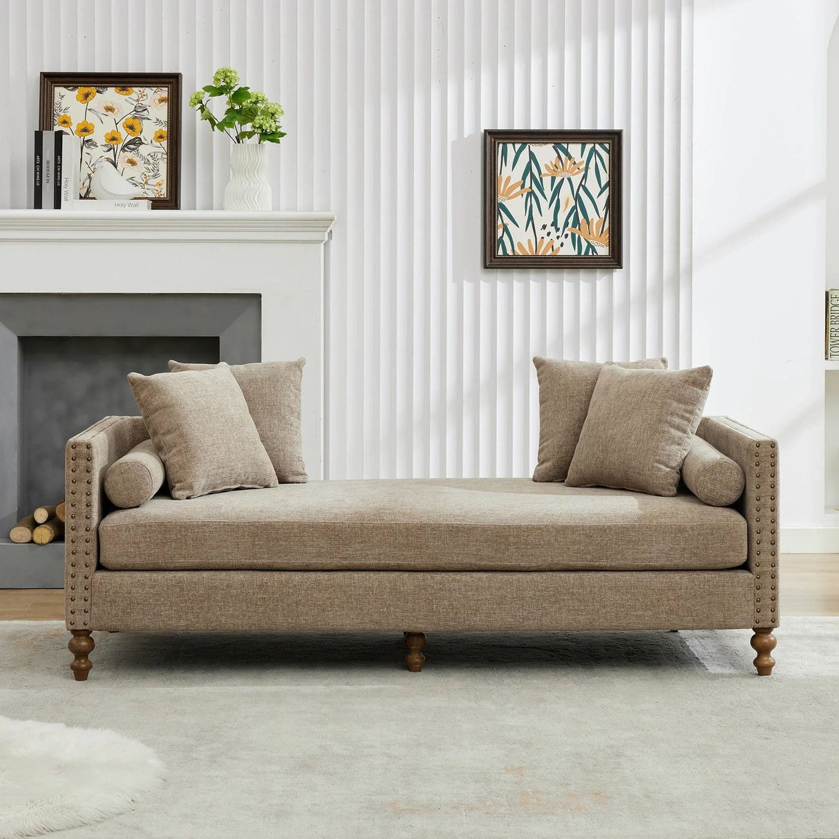 Upholstered Chaise Lounge Indoor With Nailheads, Sleeper Sofa Couch With 4 Throw Pillows & 2 Bolsters, Daybed With Rubberwood Legs - Furniture Home Direct