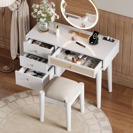 Vanity Desk Bohemian Retro Wood Makeup Station White - Furniture Home Direct