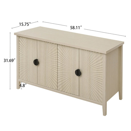 4 Door Sideboard, Carved Sideboard Buffet Cabinet With Storage, Modern Coffee Bar Cabinet With Adjustable Shelf For Living Room, Dining Room, Kitchen - Natural - Furniture Home Direct