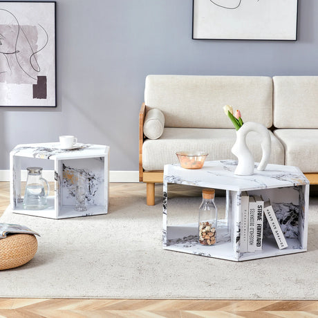 Coffee Table Set Hexagonal Marble Elegant Minimal White - Furniture Home Direct