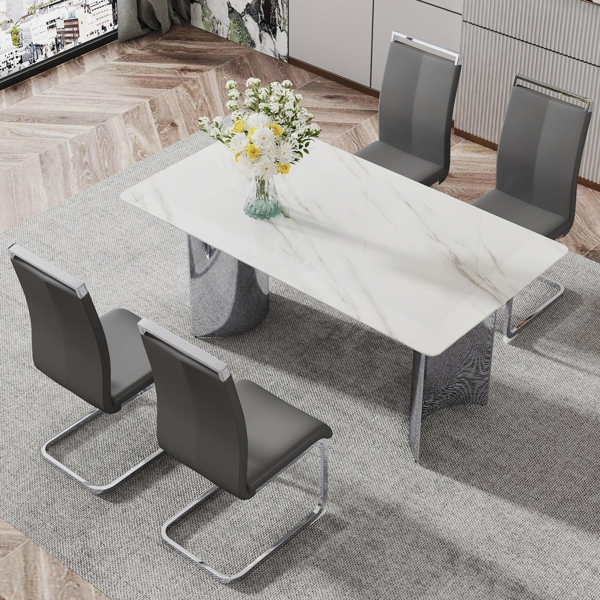 Dining Table Modern Faux Marble Top Chrome Base White - Furniture Home Direct