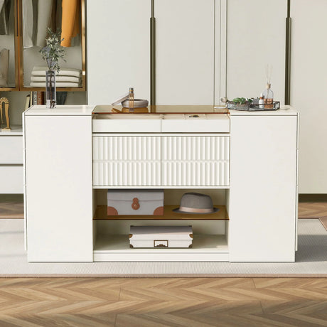 Modern Luxury Multi-Functional Island Vanity Dresser And Storage Cabinet With Glass Tabletop, Display Shelf, 6 Drawers For Walk In Wardrobe And Bedroom - Cream White - Furniture Home Direct