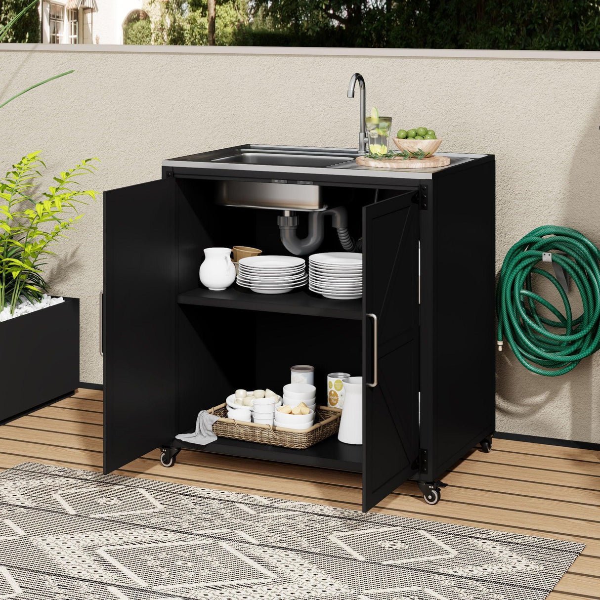 Outdoor Movable Kitchen Sink Patio Modular Kitchen Sink Station With Cabinet For Garden, Patio, Backyard - Matte Black - Furniture Home Direct