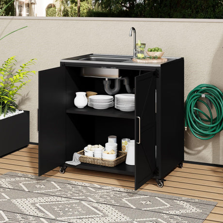 Outdoor Movable Kitchen Sink Patio Modular Kitchen Sink Station With Cabinet For Garden, Patio, Backyard - Matte Black - Furniture Home Direct