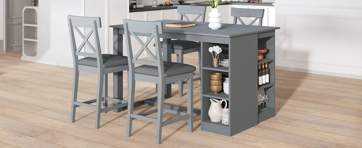 Solid Wood Farmhouse Counter Height Dining Table Set With 3 Tier Storage Shelves - Furniture Home Direct