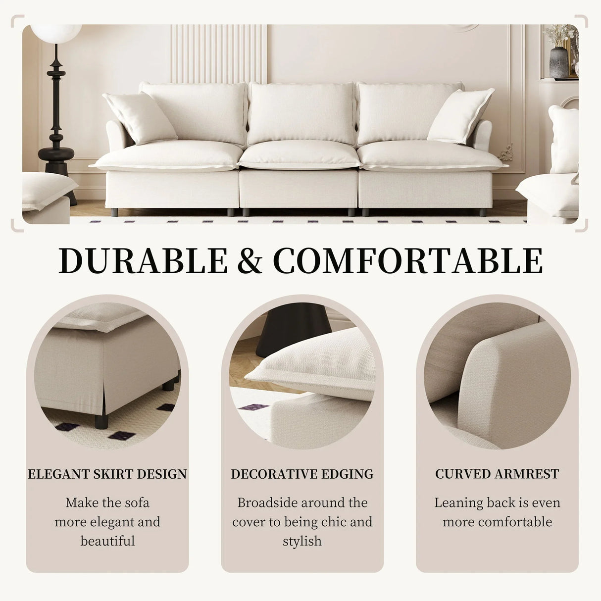 3 Seat Sofa Module For Modular Sectional Wide Seat Cloud Couch With Throw Pillows Upholstered - Furniture Home Direct