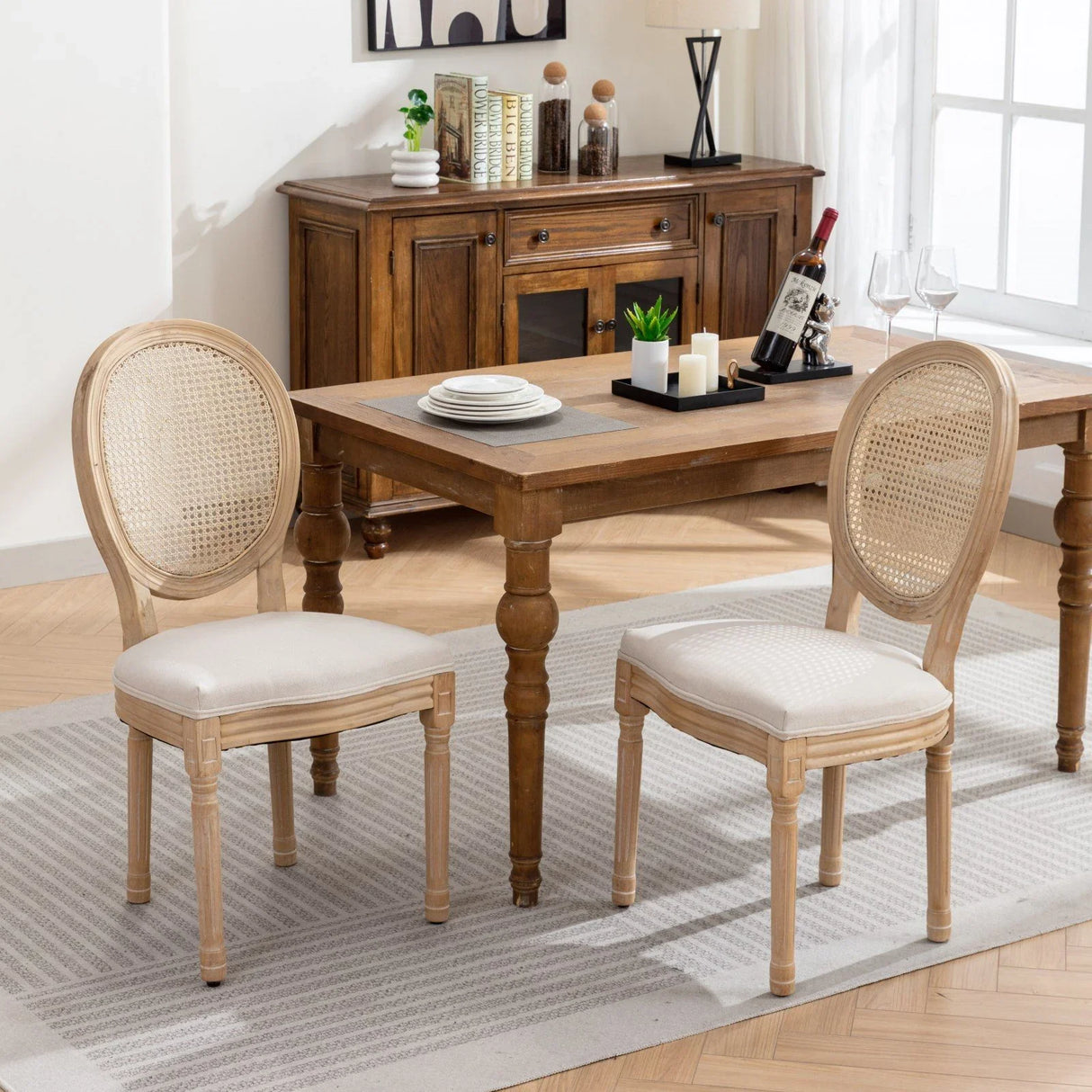 French Style Solid Wood Frame Antique Painting Linen Fabric Rattan Back Dining Chair (Set of 2) - Furniture Home Direct