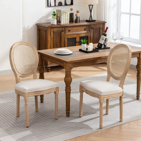 French Style Solid Wood Frame Antique Painting Linen Fabric Rattan Back Dining Chair (Set of 2) - Furniture Home Direct