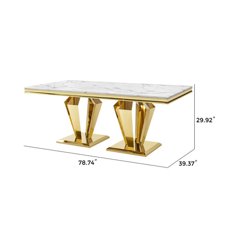 79.53 In. Elegant Marble Pattern Dining Table For 6 Or 8 Seats Polished Stainless Steel Base - Gold - Furniture Home Direct