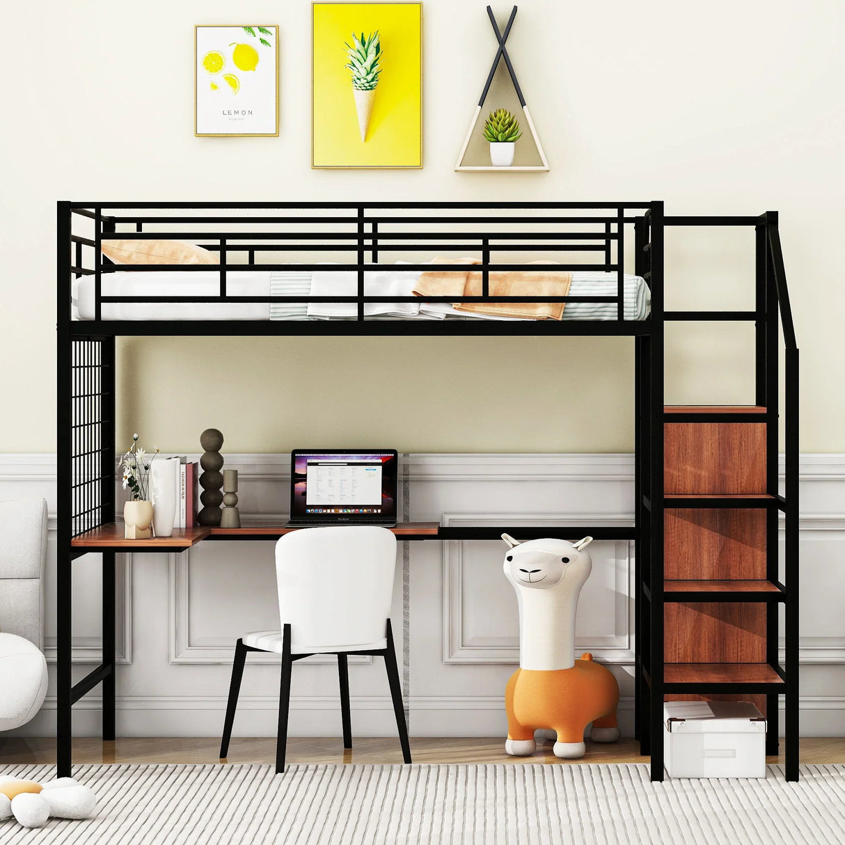 Loft Bed With Desk And Grid, Stylish Frame With Lateral Storage Ladder And Wardrobe - Furniture Home Direct