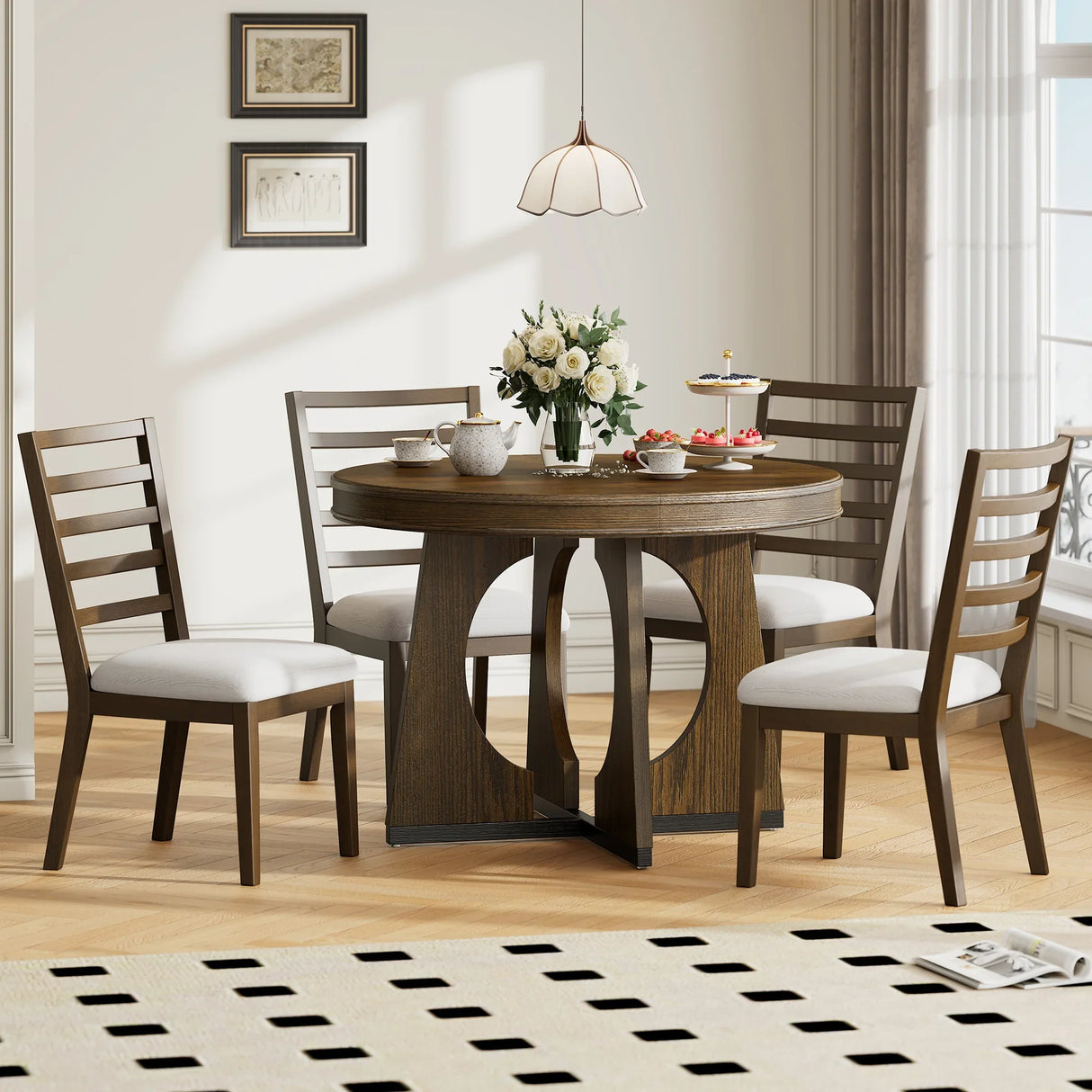 Dining Set Round Table With Four Upholstered Chairs Walnut - Furniture Home Direct