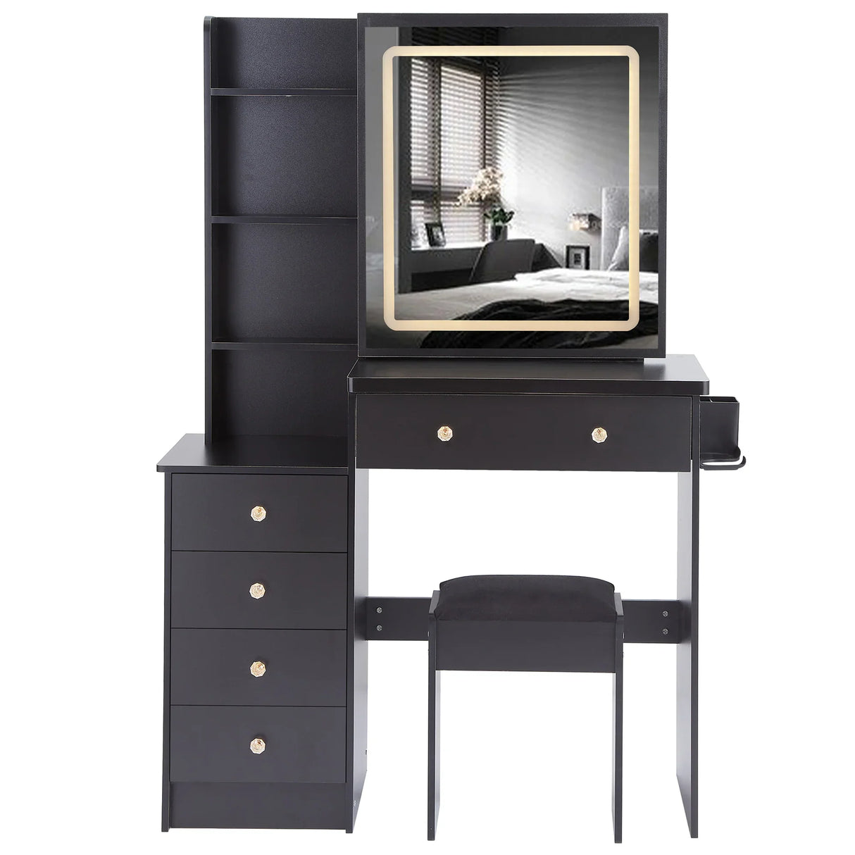 Vanity Table with Cushioned Stool Modern Finish Black - Furniture Home Direct