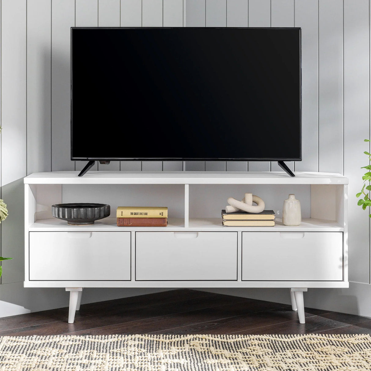 Mid-Century Modern Minimalist 3 Drawer Corner TV Stand For TVs Up To 58 - Furniture Home Direct