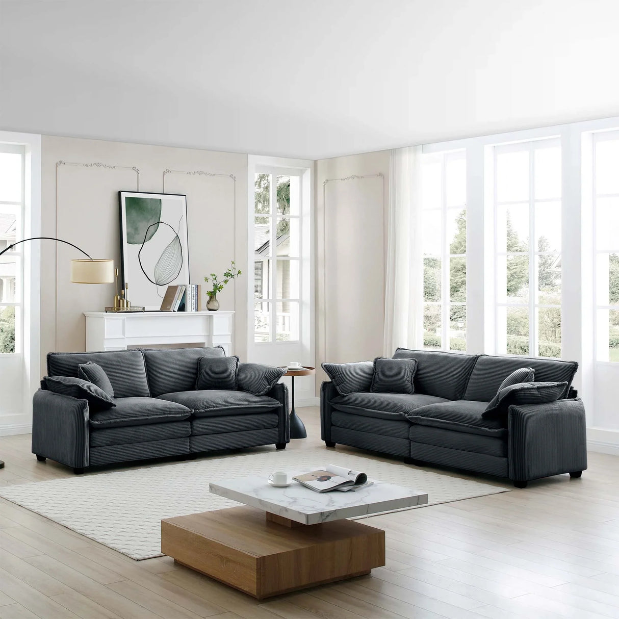 Two-Piece Corduroy Living Room Set (Sofa and Love Seat) - Gray - Furniture Home Direct