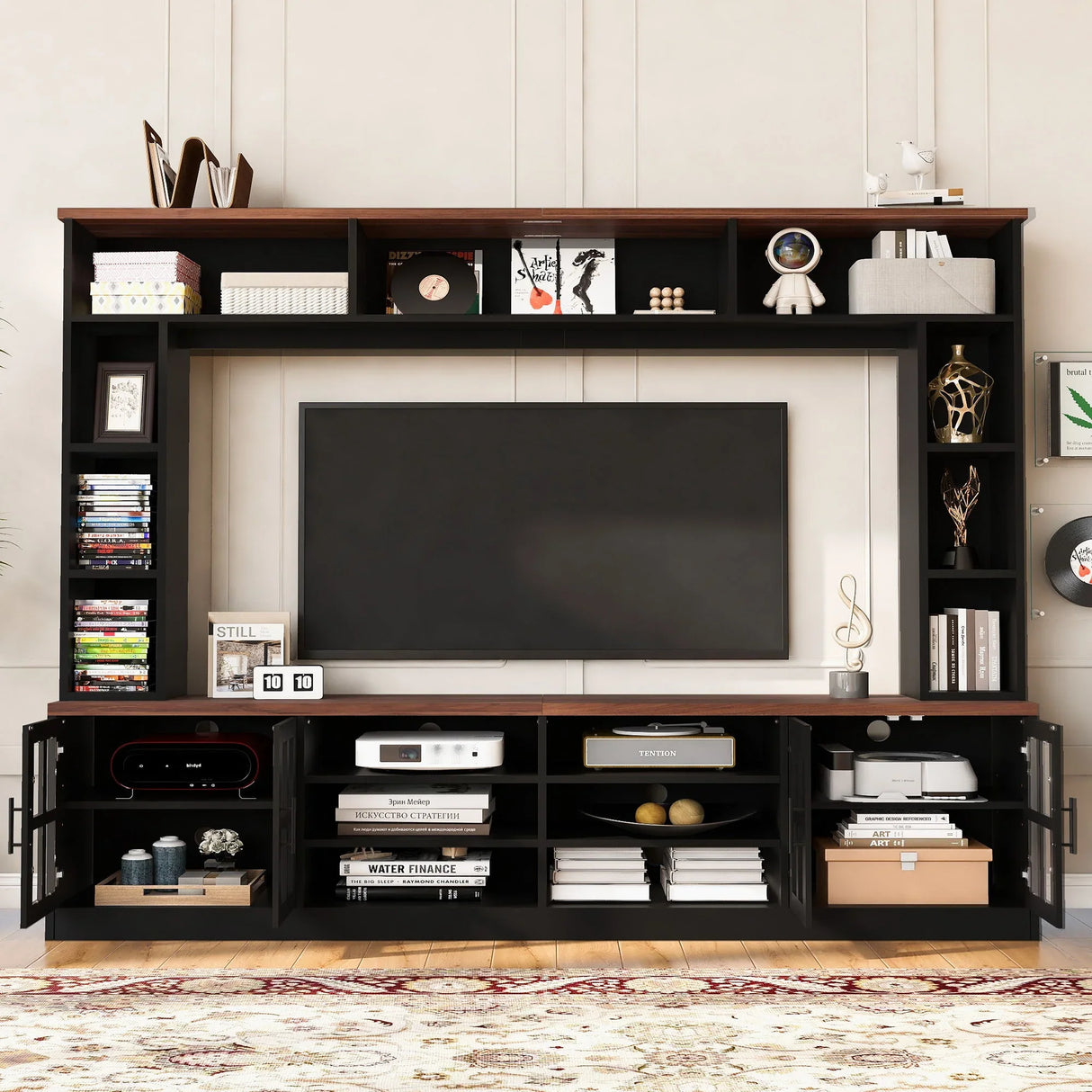 Wall Unit Entertainment Center With Bookshelves For TVs Up To 80", Tempered Glass Doors And Adjustable Shelves - Furniture Home Direct