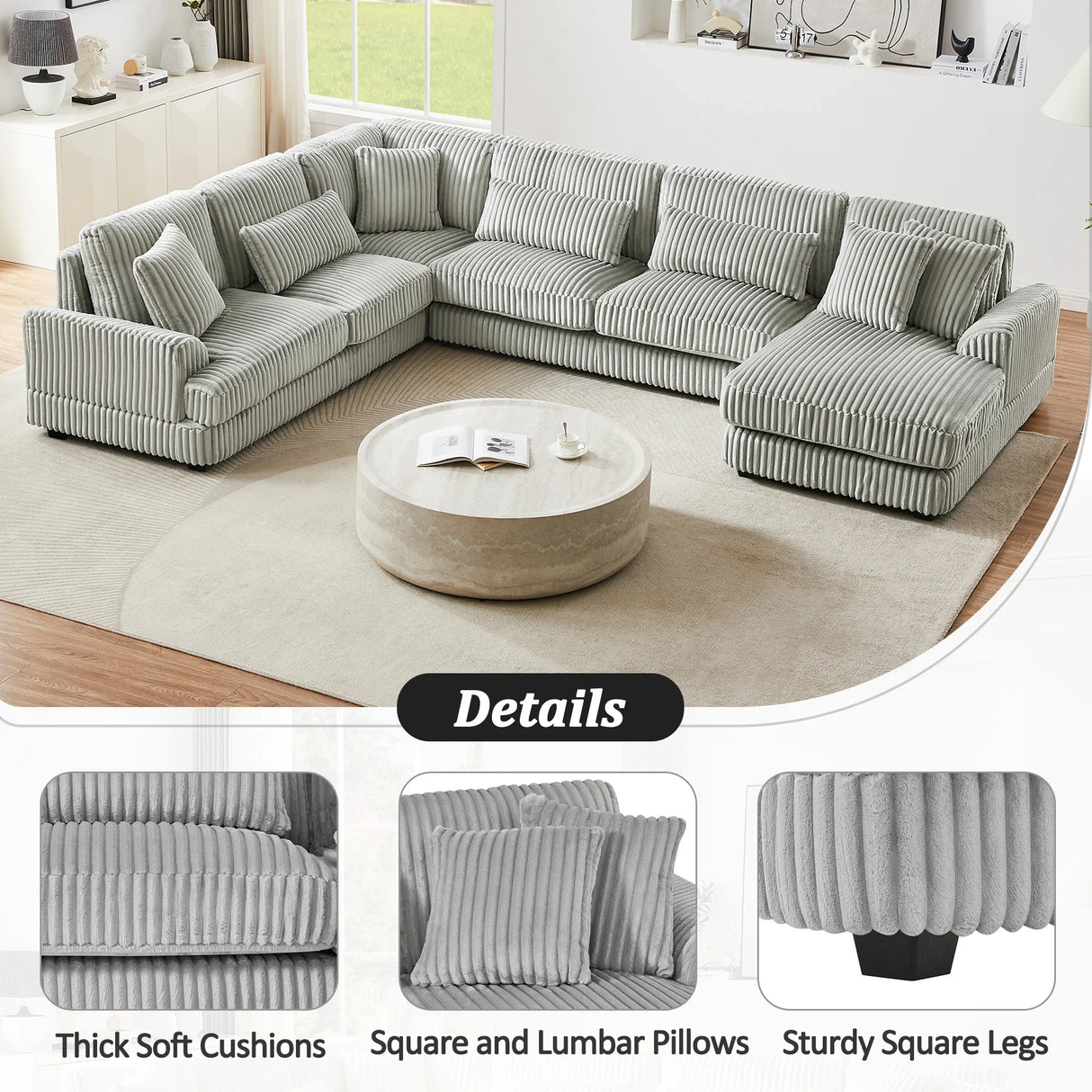 Sectional Sofa Oversized U Shaped Corduroy Fabric Gray - Furniture Home Direct