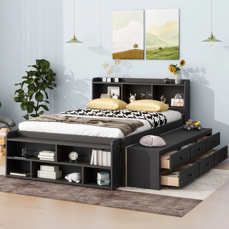 Bed With Bookcase Headboard, Under Bed Storage Drawers And Bed End Storage Case - Furniture Home Direct
