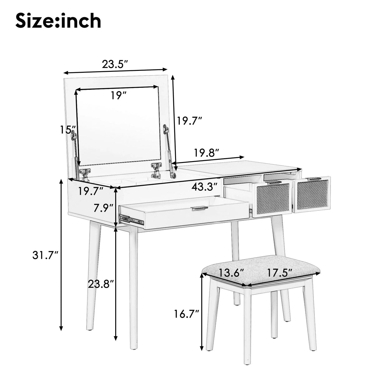 Classic Wood Makeup Vanity Set With Flip-Top Mirror And Stool, Dressing Table With Three Drawers And Storage Space - Furniture Home Direct